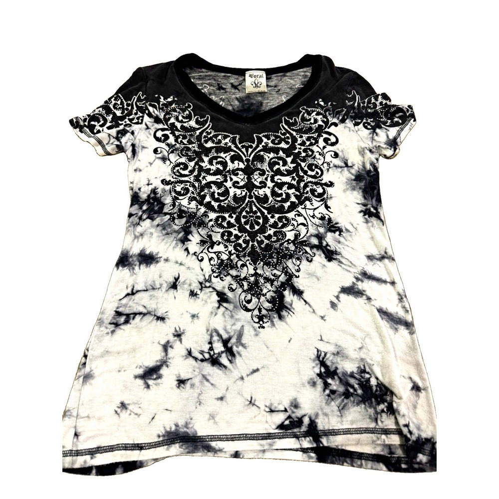 Vocal Black White Tie Dye Rhinestone V-Neck Tee Size L Y2K